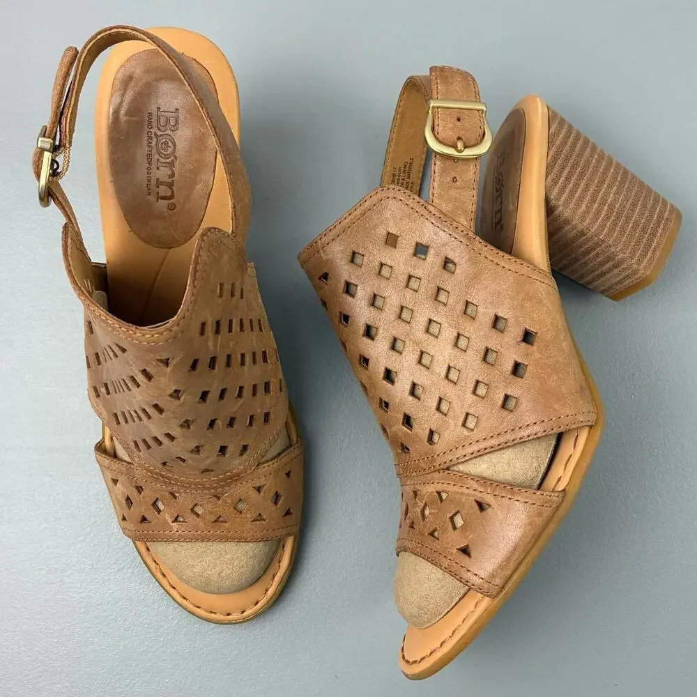 Born Women's Brown Leather Open-Toe Block Heel Sandals